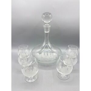 Vtg Etched Crystal Nautical Clipper Ship Decanter Set 6 Glasses Barware